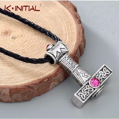 Kinitial Retro Women Svarog Hammer Silver Color Pendant Slavic Charm Perun Odin Pink Zircon Crystal Necklace Jewelry Accessories