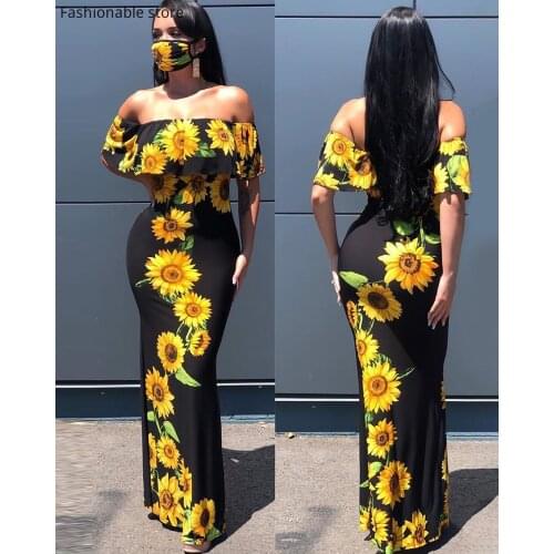 Women Sexy Floral Print Off Shoulder Ruffles Maxi Dress Vintage Slash Neck Bodycon Party Dress