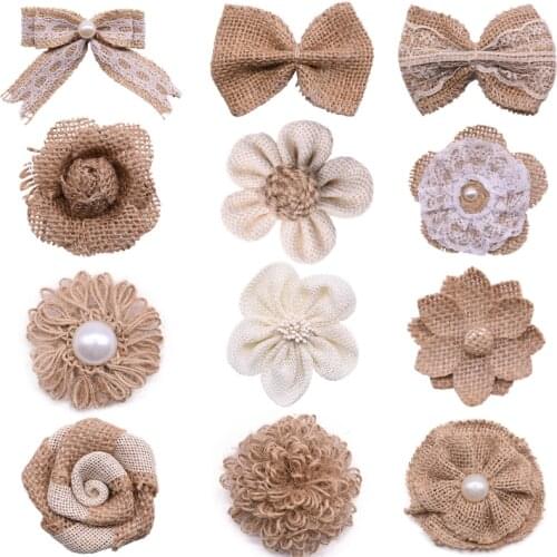 5pcs Artificial Flowers Natural Jute Hessian Rose Burlap BowKnot DIY Hand Crafts Supplies Vintage Wedding Favor Party Home Decor