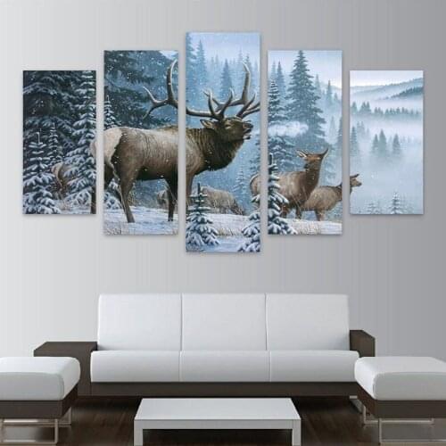 5 Pieces Wall Art Canvas Painting Elk Winter Wildlife Poster Framework Pictures Modern Living Room Wall Home For Decoration