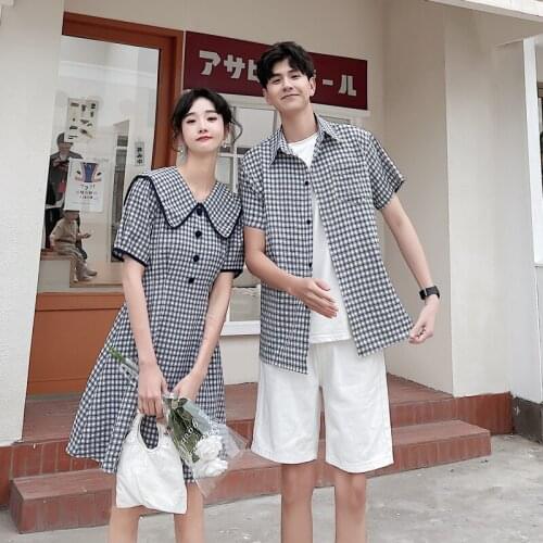 【8331#】Actual couple outfit summer plaid male shirt female dress couples clothes couples clothing