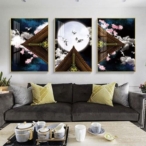 Golden Fish Moon Abstract Wall Poster Modern Style Canvas Print Painting Contemporary Art Living Room Entrance Decoratio Picture