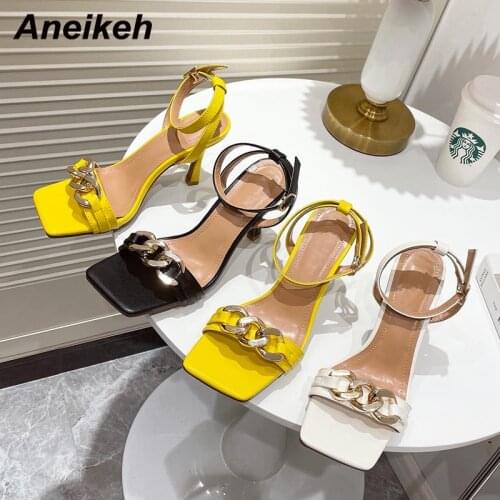 Aneikeh 2021 Summer Fashion Ladies Square Open Toe Ankle Buckle Strap High Heels Shoes PU Metal Decoration Women Party Sandals