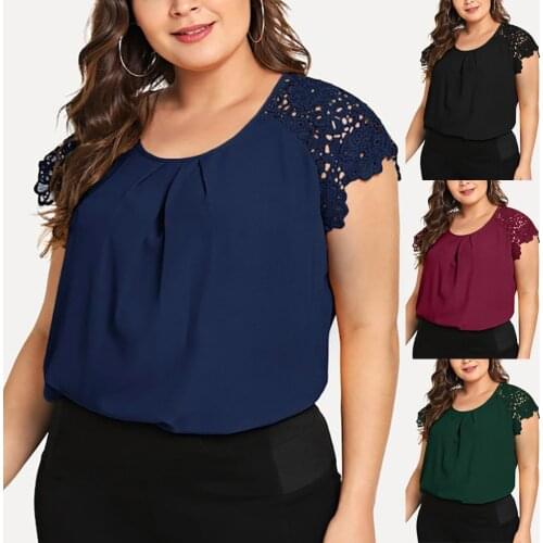 Fashion Plus Size Womens Shirt Solid O-neck Lace Shoulder Blouses Hollow-out Summer Tops Blouse Shirt For Women 2021 Ropa Mujer