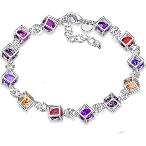 Hollowed out Cube Inlay Multicolor zircon Bangles Bracelet For Women Trendy Silver Plated Cuff Jewelry Drop shipping Wholesale