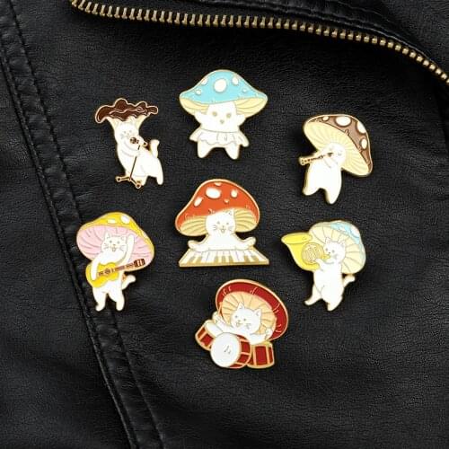 Cartoon Cute Playing Kitten Brooch Fashion Creative Mushroom Playing Piano Music Festival Animal Enamel Alloy Badge Pin Jewelry