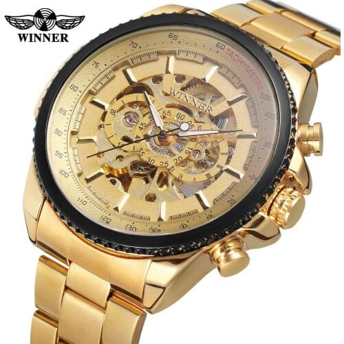 Men Top Brand Luxury Gold WINNERWatch Cool Mechanical Automatic Wristwatch Stainless Steel Band Male Clock Skeleton Roman Dial