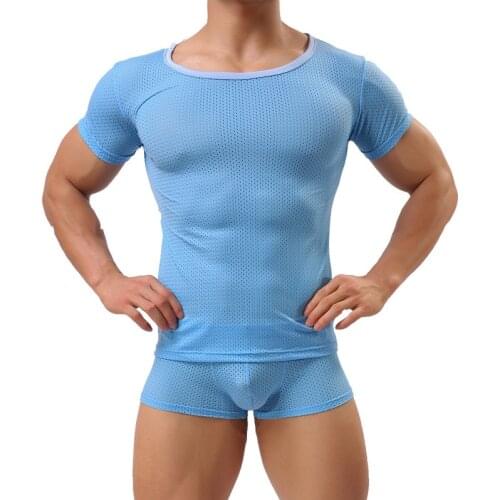 Men Undershirts Sets Short Sleeve Ice Silk Mesh T-shirts Boxer Shorts Summer Breathable Sports Fitness Tops Tee Shorts Underwear