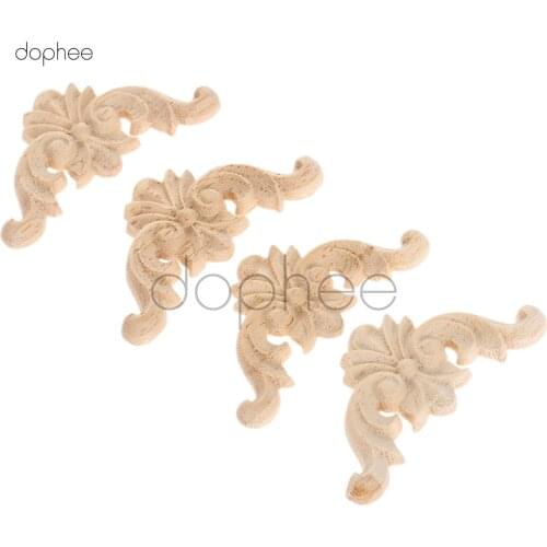 Dophee 4pcs Wood Decoration 12cm*12cm Wood Furniture Wooden Applique Decal Corner Onlay Applique Frame for Home Decor