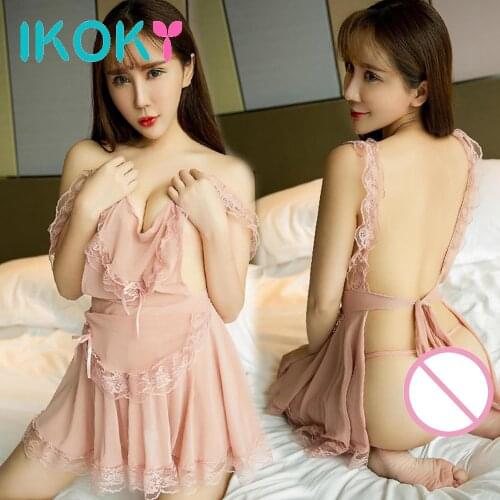 IKOKY Transparent Sleepwear Dress with T-back Erotic Sexy Lingerie Sex Nightdress Sexy Underwear Women Lace Costume Maid Uniform