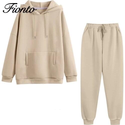 2020 Autumn Woman Solid Hoodie 2 Pieces Suit Women Oversized Sweatshirt Tracksuit Casual Long Sleeve Tops and Pants Outfits