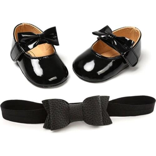 New Baby First Walkers Leather Newborn Baby Girls Shoes Sets Headband Bow-knot Sole Non-slip Hook & Loop Solid Shoes Hot Sale