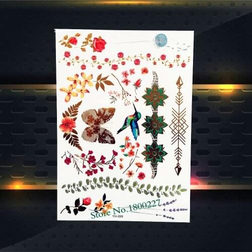 Beauty Body Art Neck Shoulder Decals Waterproof Gold Metallic Tattoo Rose Butterfly Bird Design Temporary Tattoo Sticker PYH-099