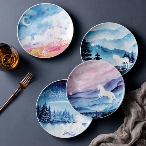 2021 Creative Starry Sky Steak Plate Dinnerware Pink Girl Heart Unicorn Ceramica Breakfast Home Dish Tableware