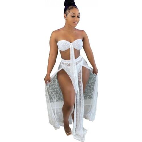 Swimwear Bikini Cover Up Women 3 Piece Set Crop Tops And Skirt Bathing Suits Summer New Elegant Sexy Beach Mesh Skirt Cover Ups