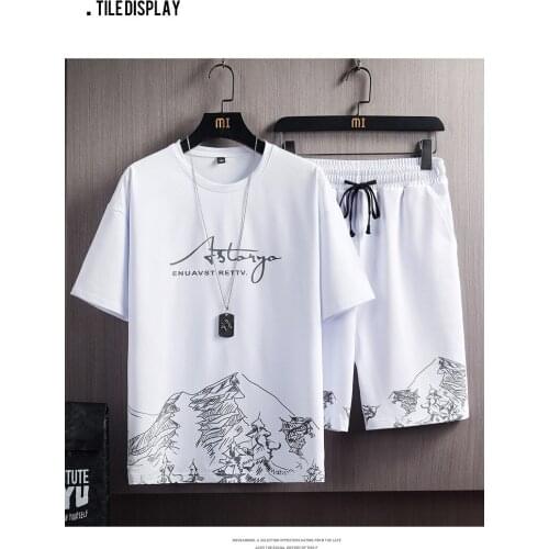Mens T-shirt + Shorts Set Summer Breathable Casual T Shirt Running Fashion Harajuku Printed Male Sport Suit 2021 New