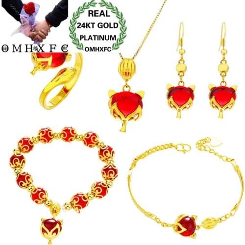 OMHXFC Wholesale Fashion Woman Girl Party Birthday Wedding Gift Fox 24KT Gold Necklace+Ring+Earrings+Bracelet Jewelry Set SS30