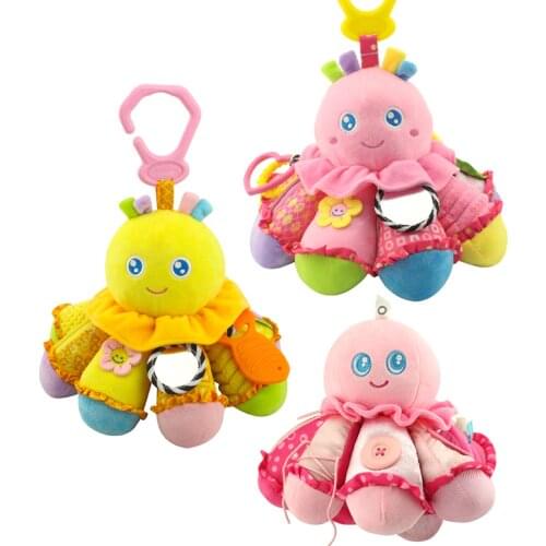 Educational safe mirror ring bell rattle hanging plush toy button Octopus kids paper fun soft baby WJ240