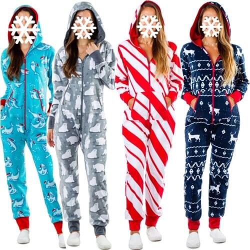 Christmas Womens One Piece Pajamas with Hood Cute Cartoon Pattern Adult Cozy Jumpsuits Homewear with Pocket
