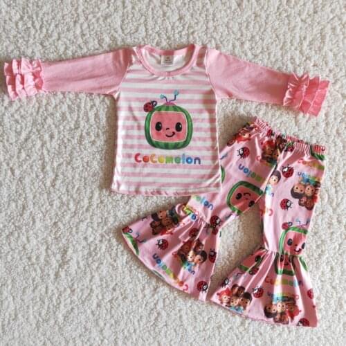 RTS No MOQ Wholesale Kids Clothing Baby Girls Clothing Outfit High Quality Long Sleeve Top+Bell Bottom Pants Sets