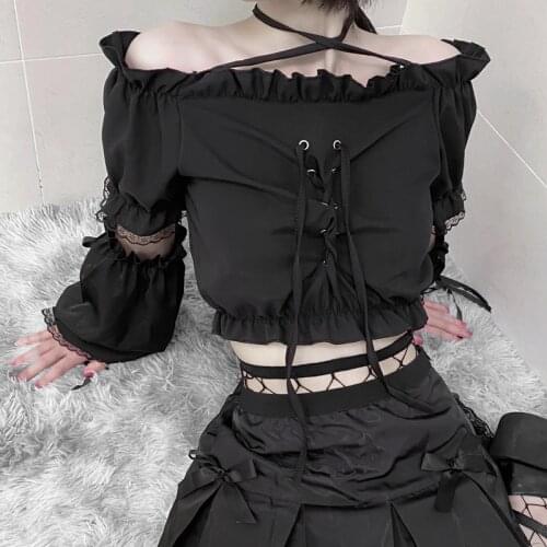Ruibbit Goth Lace Bandage Black Top Vintage Sexy See Long Sleeve T Shirt Women Aesthetic Elegant Bodycon Cropped Top
