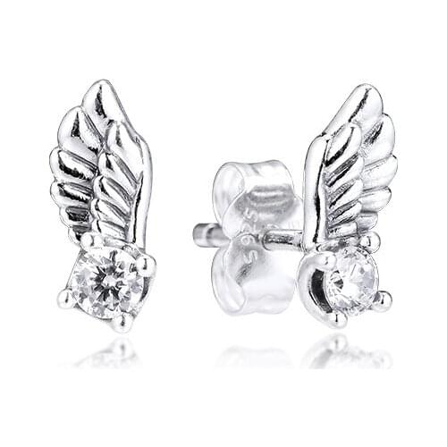 Sparkling Angel Wing Stud Earrings Genuine 925 Sterling Silver Earrings for Women DIY Jewelry Making Brincos Wholesale