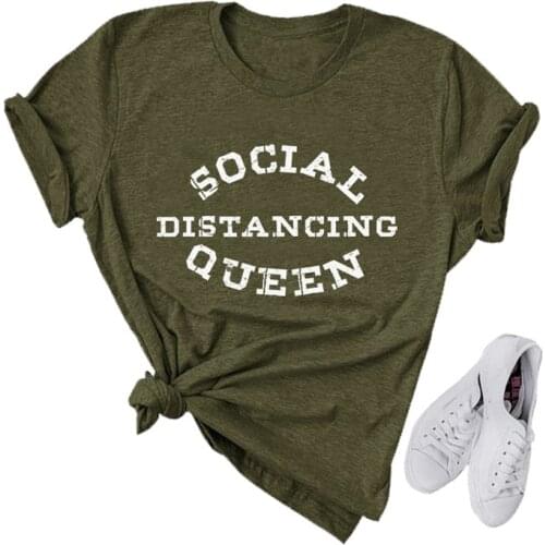 Women Short Sleeve SOCIAL DISTANCING QUEEN Print Ladies T-Shirt Tops Clothes Female Tumblr T Shirt T-shirts