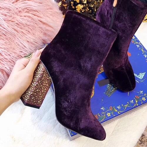 Womens Square Toe Velvet Leather Ankle Boots Block High Rhinestones Crystal Heels Warm Winter Shoes Black Purple New 2021