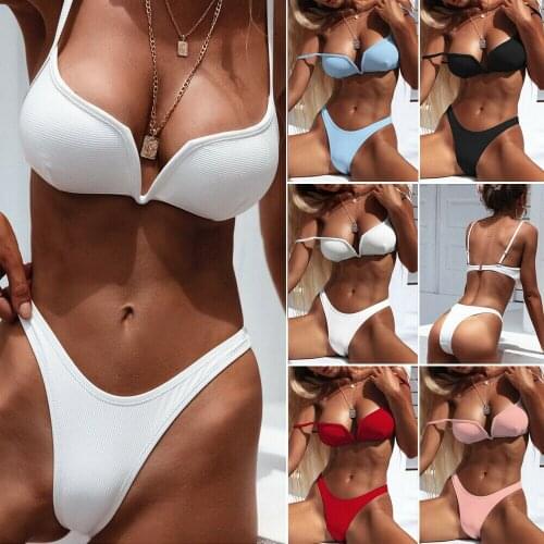 2020 Summer Women Stretch Bodycon V Neck High Waist Swimsuit Bathing Women Beachwear Bikini Set Sexy Push-Up Padded Swimwear