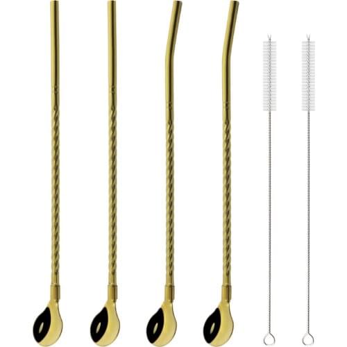 Gold Straw Spoon with Cleaner Brush Stainless Steel Metal Straws Reusable Drinking Straw Spoon Party Milk Bar Stirring Accessory