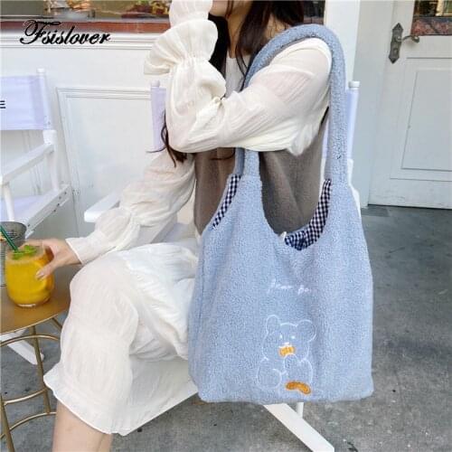 13 Styles Women Lamb Like Fabric Shoulder Bag Simple Canvas Handbag Tote Large Capacity Embroidery Shopping Bag Purses For Girls