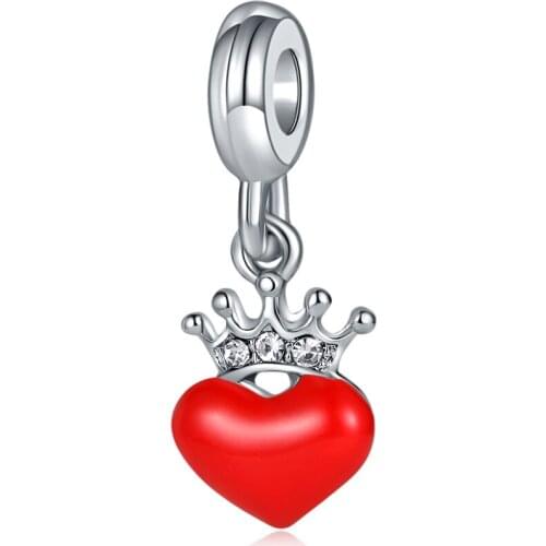 2020 New Original Alloy Bead Crown and Heart Dangle Charm Red Enamel Fit Bracelet Bangle DIY Women Jewelry Dropshipping