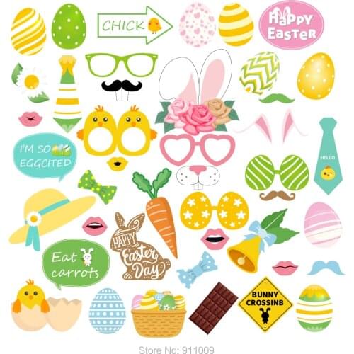 44pcs Happy Easter Photobooth Props Party Decorations Lovely Rabbit Easter Colorful Eggs Photobooth Props Party Supplies