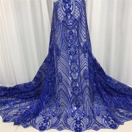 African Net Lace Fabric, High Quality Elegant royal blue Sequins Nigerian Wedding Lace Fabrics 5Yards Sequins French Tulle lace