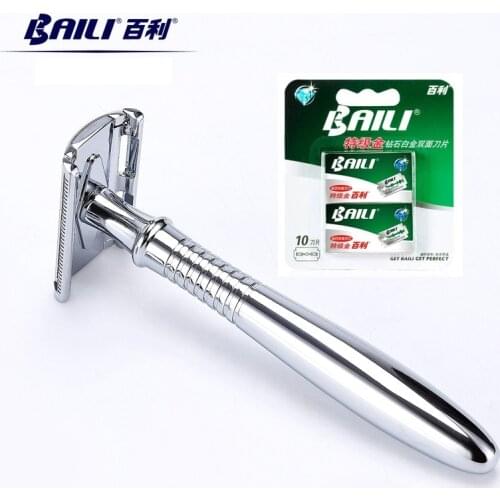 BAILI Long Handle T-Shape Double Edge DE Blade Safety Razor Chrome Shaver Handle Beard Hair Shaving with 15 Blade 1 Case BD191