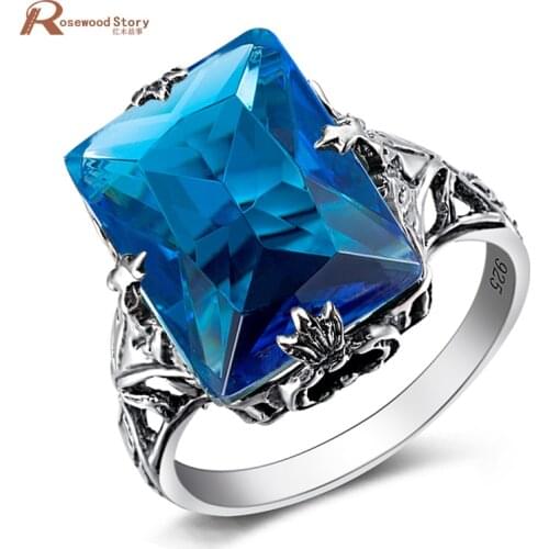 Bulgaria Jewelry Vintage Charm 925 Sterling Silver Rings Sky Blue Big Stone Women Wedding Bridal Simple Design Jewelry Statement
