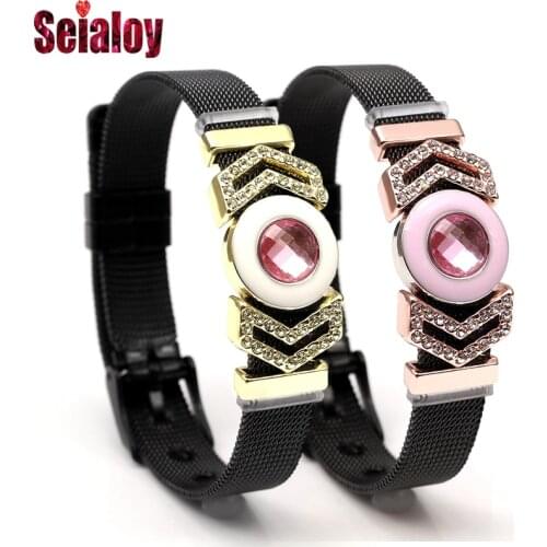 Black Mesh Watch Belt Bracelets For Women Men Couples Lover Pink Crystal White Circle Charm Stainless Steel Bracelet Bangle Gift
