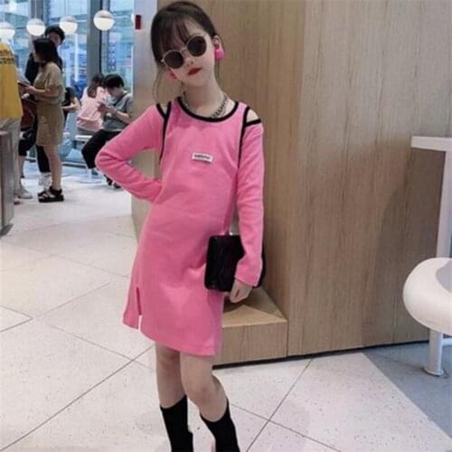 Teenage Kids Dresses Korean Spring Autumn New Baby Girls Strapless Long T-shirt Dress Fashion Childrens Christmas Cute Clothing