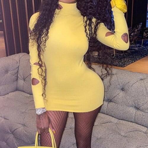 DSMTRC Fashion Long Sleeve Mini Dress Woman Autumn Bodycon Sexy Birthday Outfits Turtleneck Hole Vestidos Night Party Club Dress