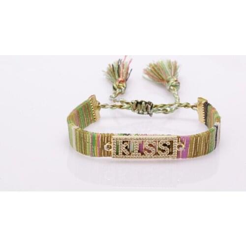 Ethnic boho mix cz paved kiss sign soft cotton silk tassel band charm adjustable bracelet for woman