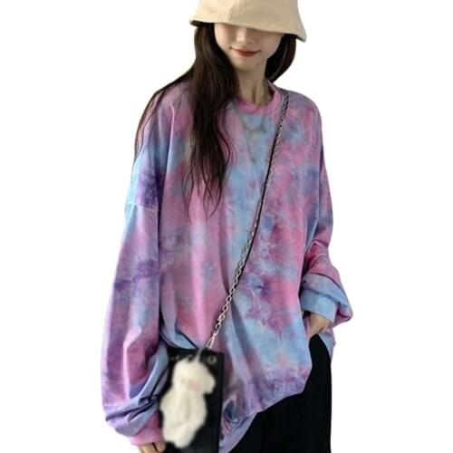 Womens Tie Dye Round Neck Loose Tshirt Oversized Korean Style Ladies Streetwear Autumn Tee Shirt Tops