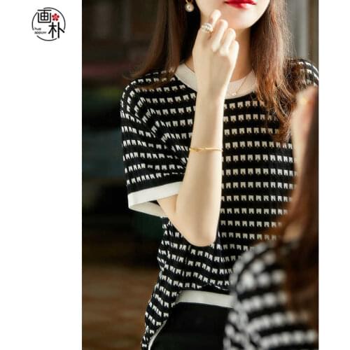 Contrast Ice Silk Knitted T-Shirt Womens 2021 Summer New Turtleneck Temperament Joker Skinny Top