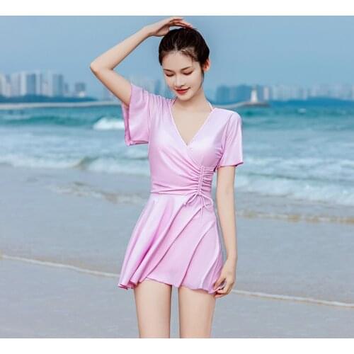 Swimsuit womens sexy one-piece skirt style fat mm cover belly show thin steel support gather conservative Large Size swimwear