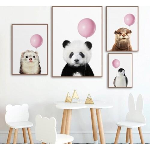 Cute Animals With Pink Balloon Poster Alpaca Penguin Panda Canvas Painting Nursery Art Print Wall Pictures for Kids Room Decor