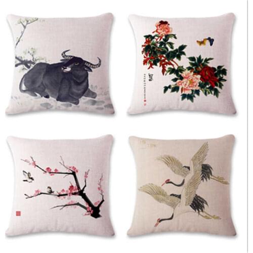 Trendy 18" Animal Crane Plant Pillowcase Chinese Style Home Decorative Throw Sofa Waist Cotton Linen Cushion Cover