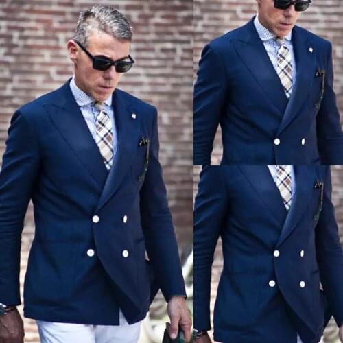 Navy Blue Double Breasted Wedding Suits For Men Slim Fit Best Man Formal Tuxedos Groom Business Wear 2 Pcs Jacket+White Pants