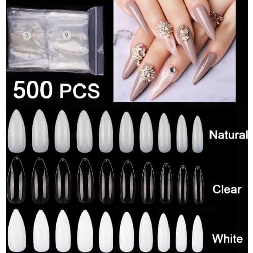 100 Pieces Or 500pcs/bag Long Almond Stiletto False Nails Tips Full Cover 10 Sizes Fake Nails For Manicure