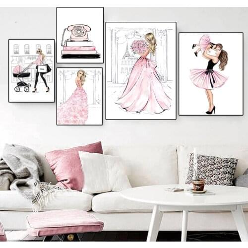 Pink Phone Flower Lady Baby Canvas Painting Wall Art Nodic Pictures Poster Print for House Living Room Home Decor Cuadros