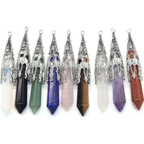 Natural Stone Pendant Hexagonal Section Cone Pendant Charms For Jewelry Making DIY Necklace Bracelets Nine Materials 12x70mm