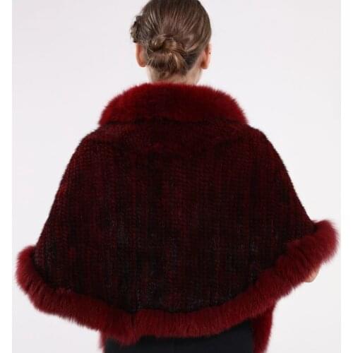 New lady natural mink fur cape knitted mink tail wrap fashion party accessory with real fox fur trim